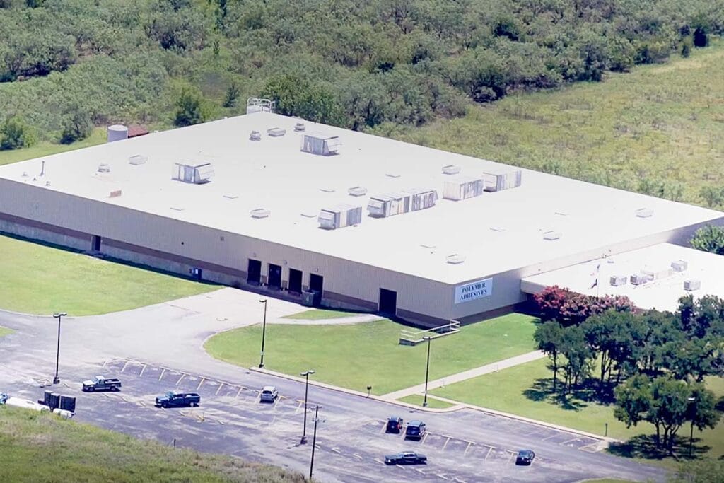 Aerial view of Polymer Adhesives building in Mineral Wells, TX